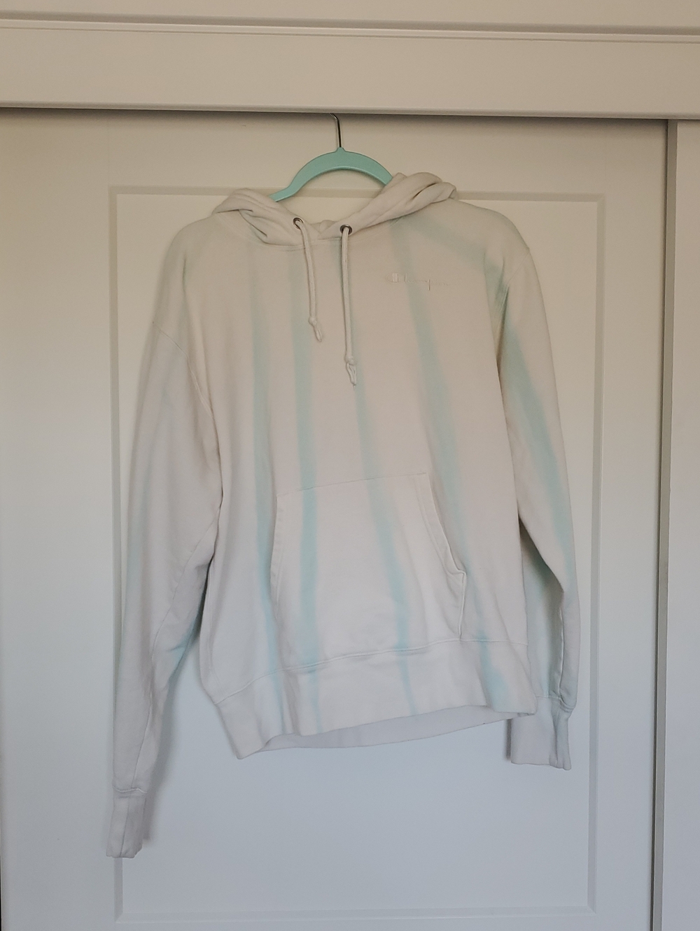 Champion Women's Cream Crewneck Hoodie with Faint Blue Stripes